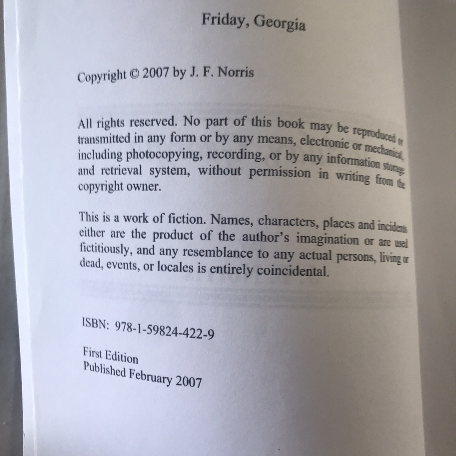 Friday, Georgia by J.F. Norris Published February 2007 First Edition 126 Pages