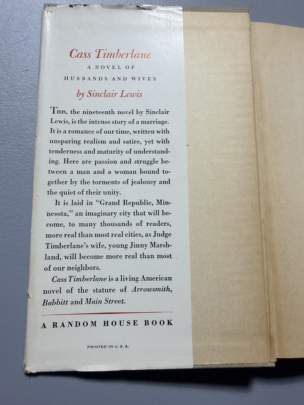 Cass Timberlane Sinclair Lewis 1945 Random House Hardcover Dust Jacket